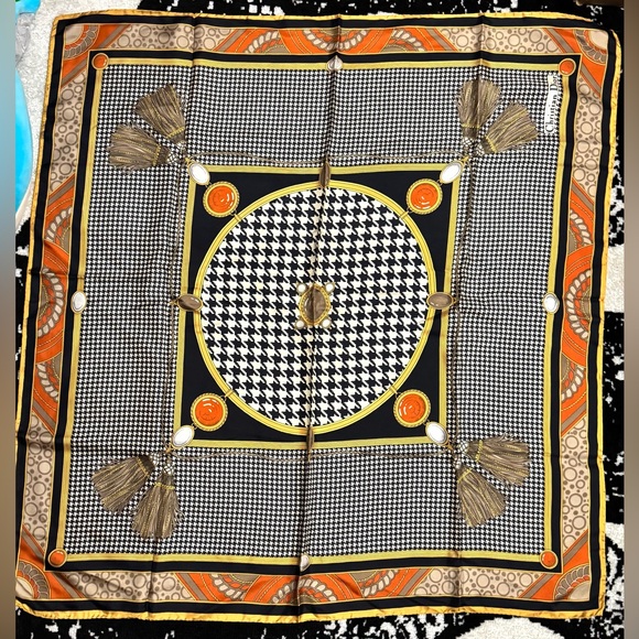 Christian Dior AUTHENTIC Herringbone Logo Vintage Silk Scarf Navy Orange Cream - Picture 3 of 16